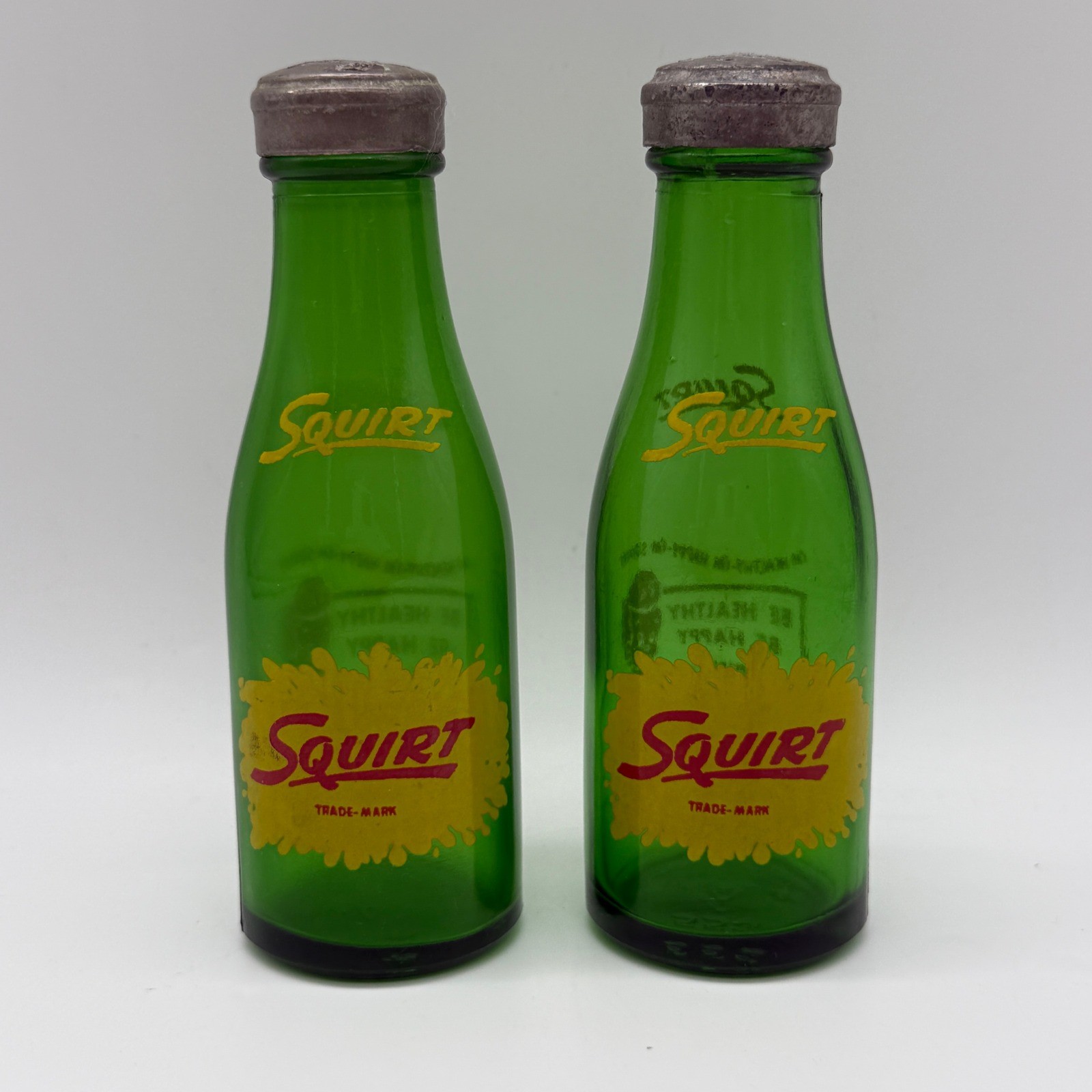 Vintage Squirt Salt and Pepper Shakers Set Metal Tops \