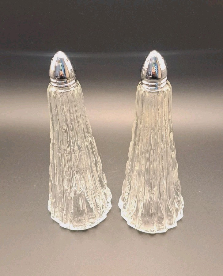 IRICE Salt & Pepper Shakers Tall Crystal Tapered Ribbed Japan 6.5” Clean VTG