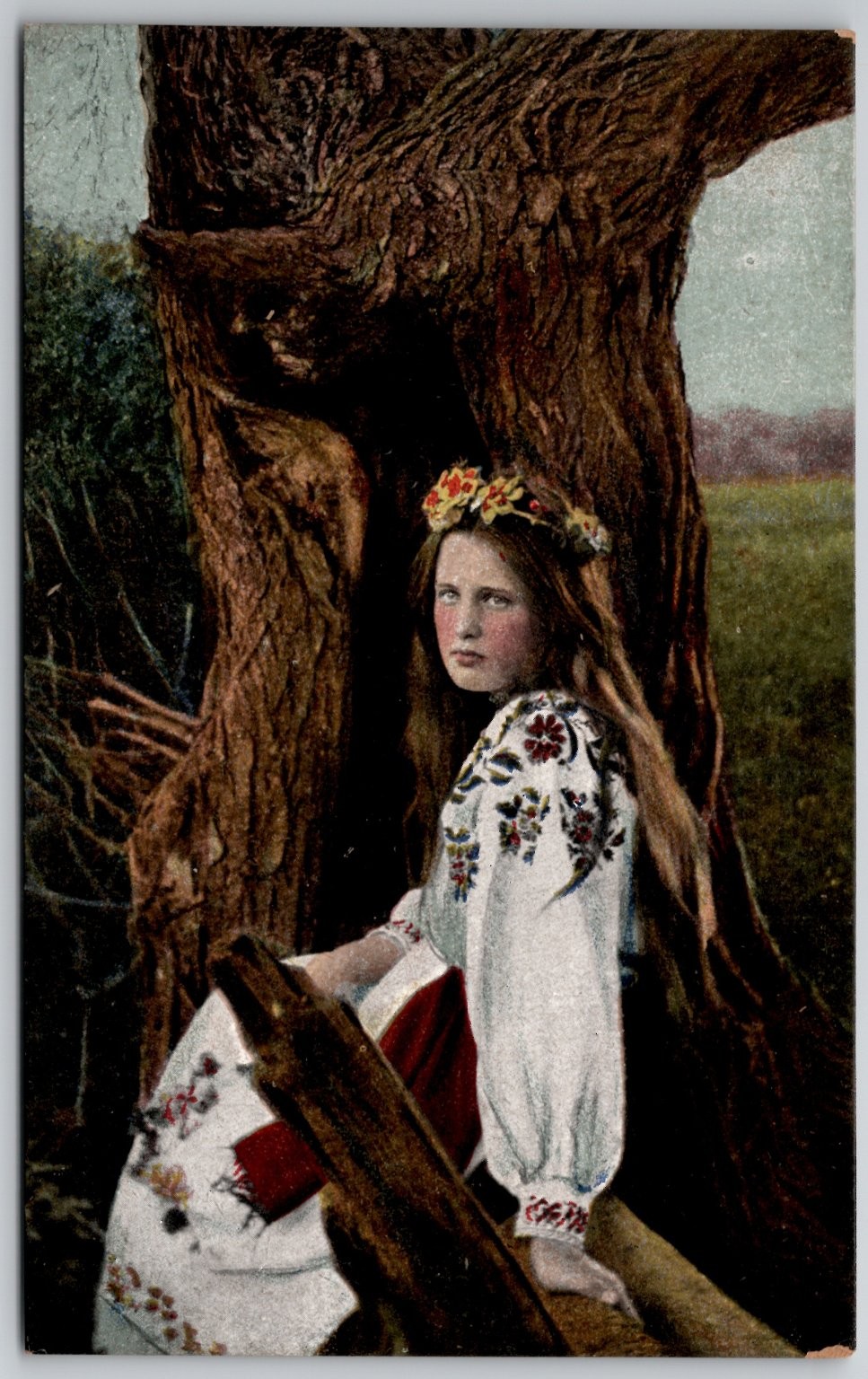 Vintage Polonia Postcard Ukrainian Polish Girl Folk Costume Tree Early 1900s