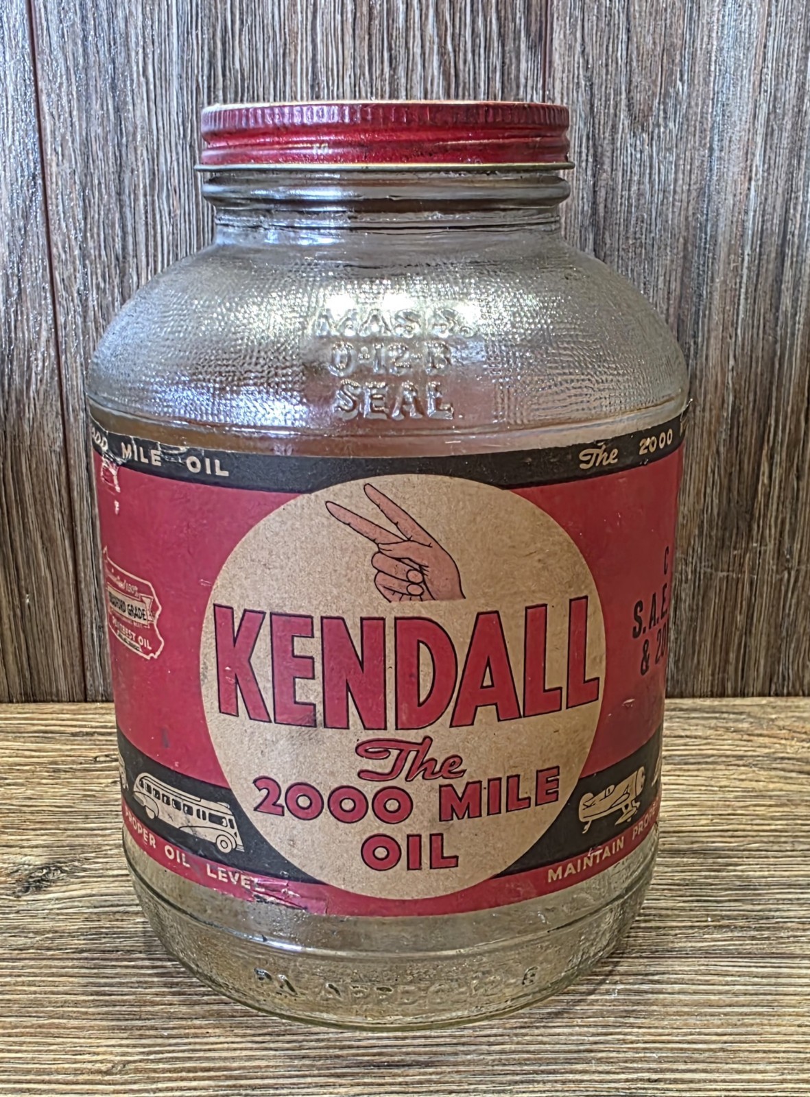 Vintage Kendall 2000 Mile Oil 1 Quart Glass Jar & Paper Label WWII Era Empty