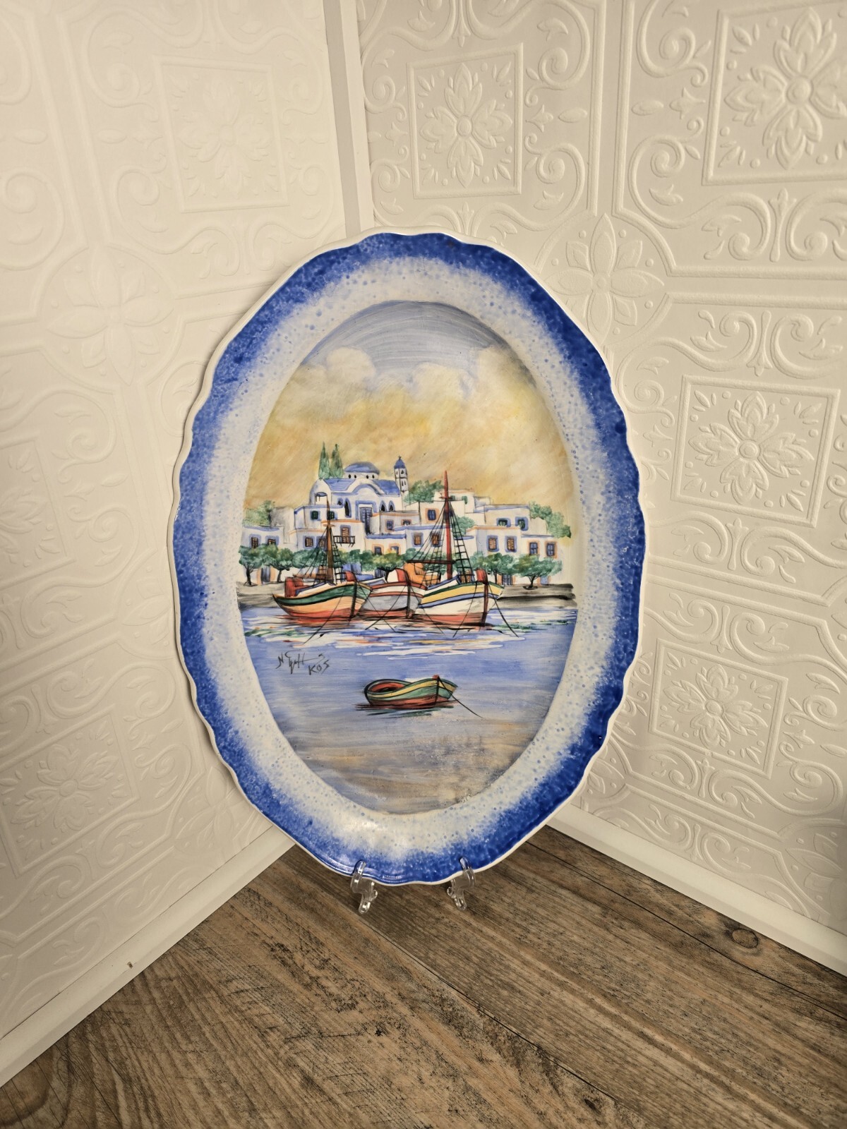 Large Greek Kerameikos Platter Hand Painted Signed Pegasus Kos Vintage