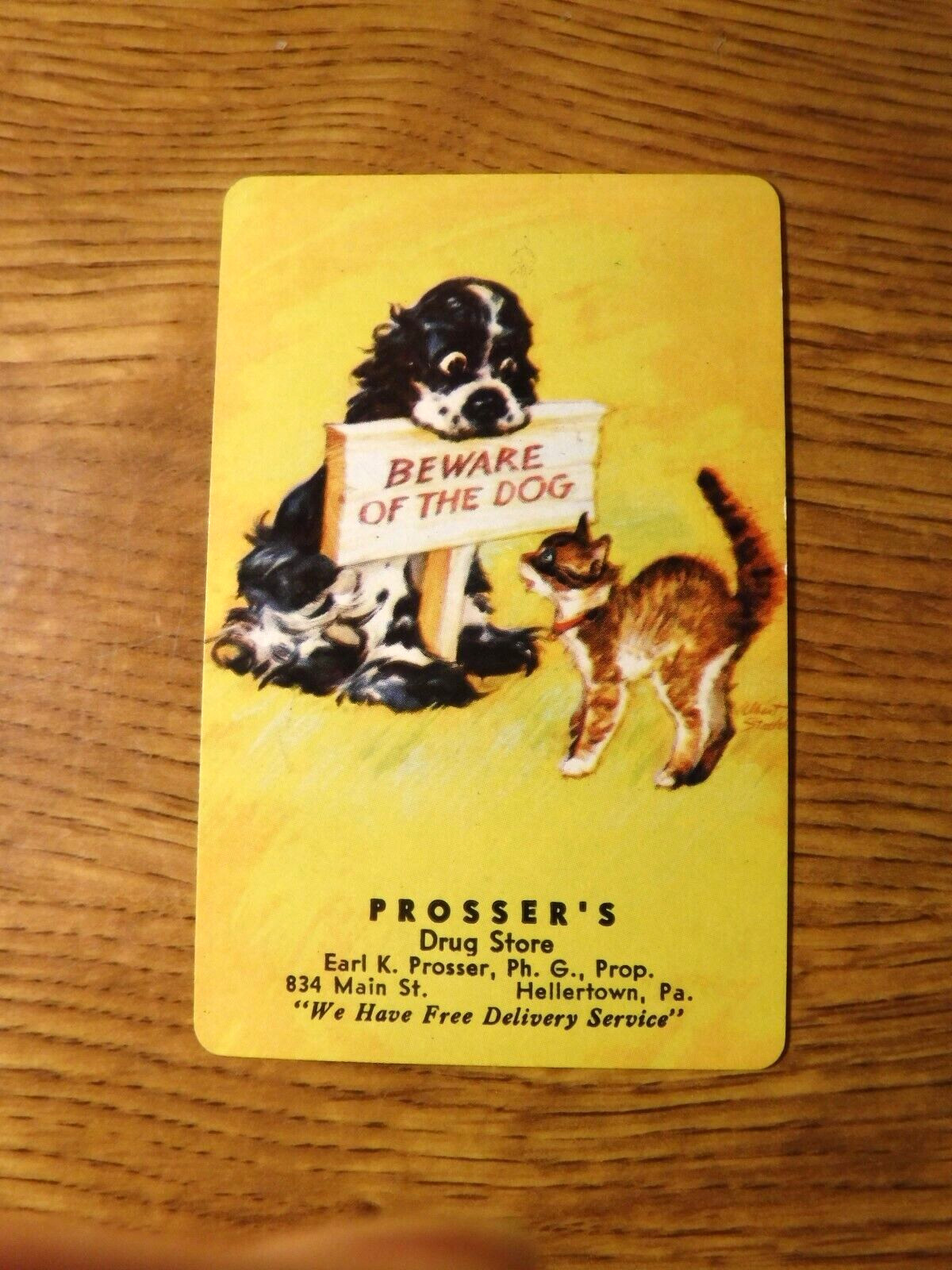 MID 1900'S VINTAGE PLAYING CARD SWAP COUPON, BUTCH DOG, BEWARE OF DOG SIGN & CAT