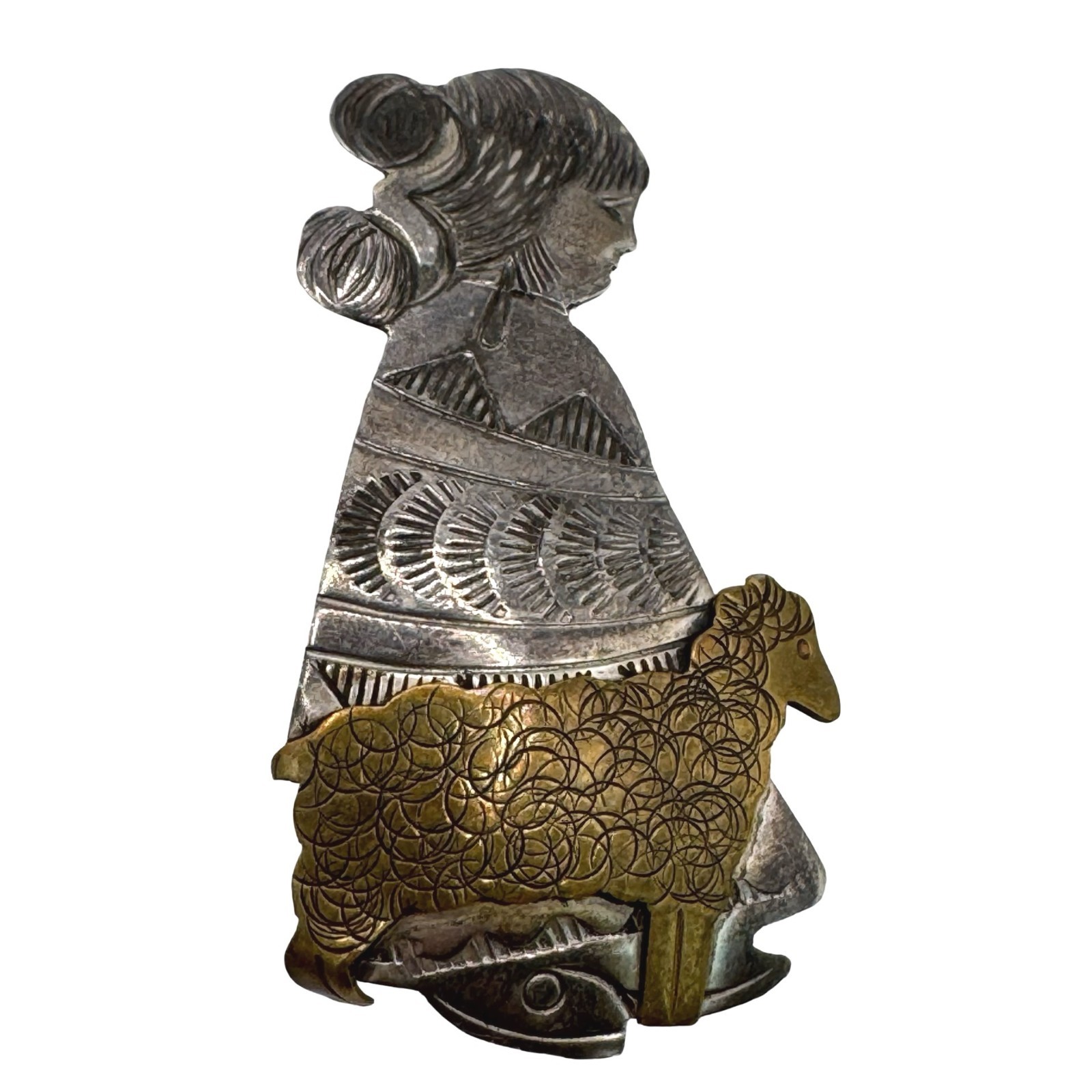 Vintage Navajo Benson Boyd Sterling Silver Brass BB Native Girl Sheep Pin Brooch