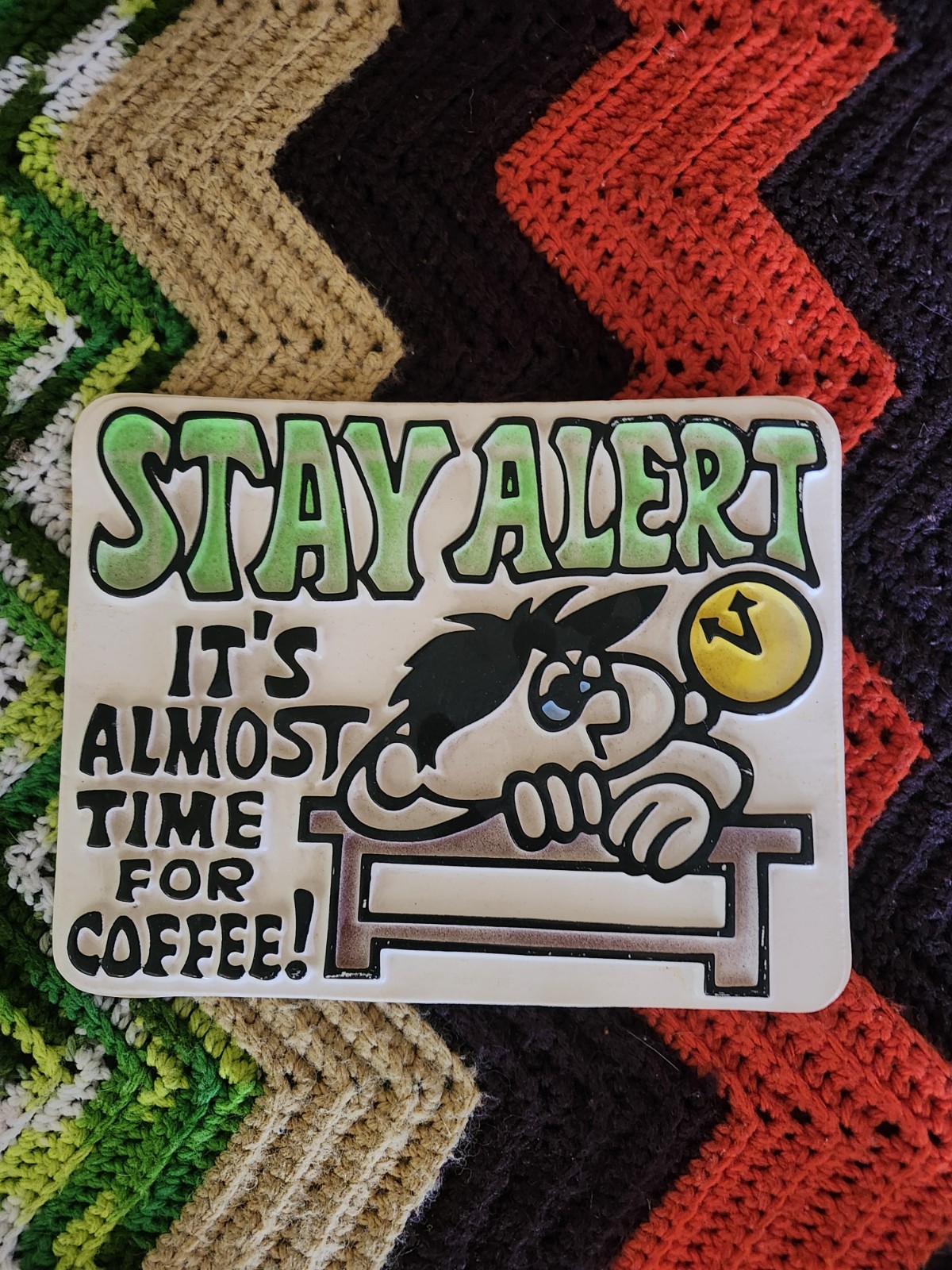 Vintage 1970s Stay Alert Coffee Wall Sign Plaque Retro Humor Molded Plastic