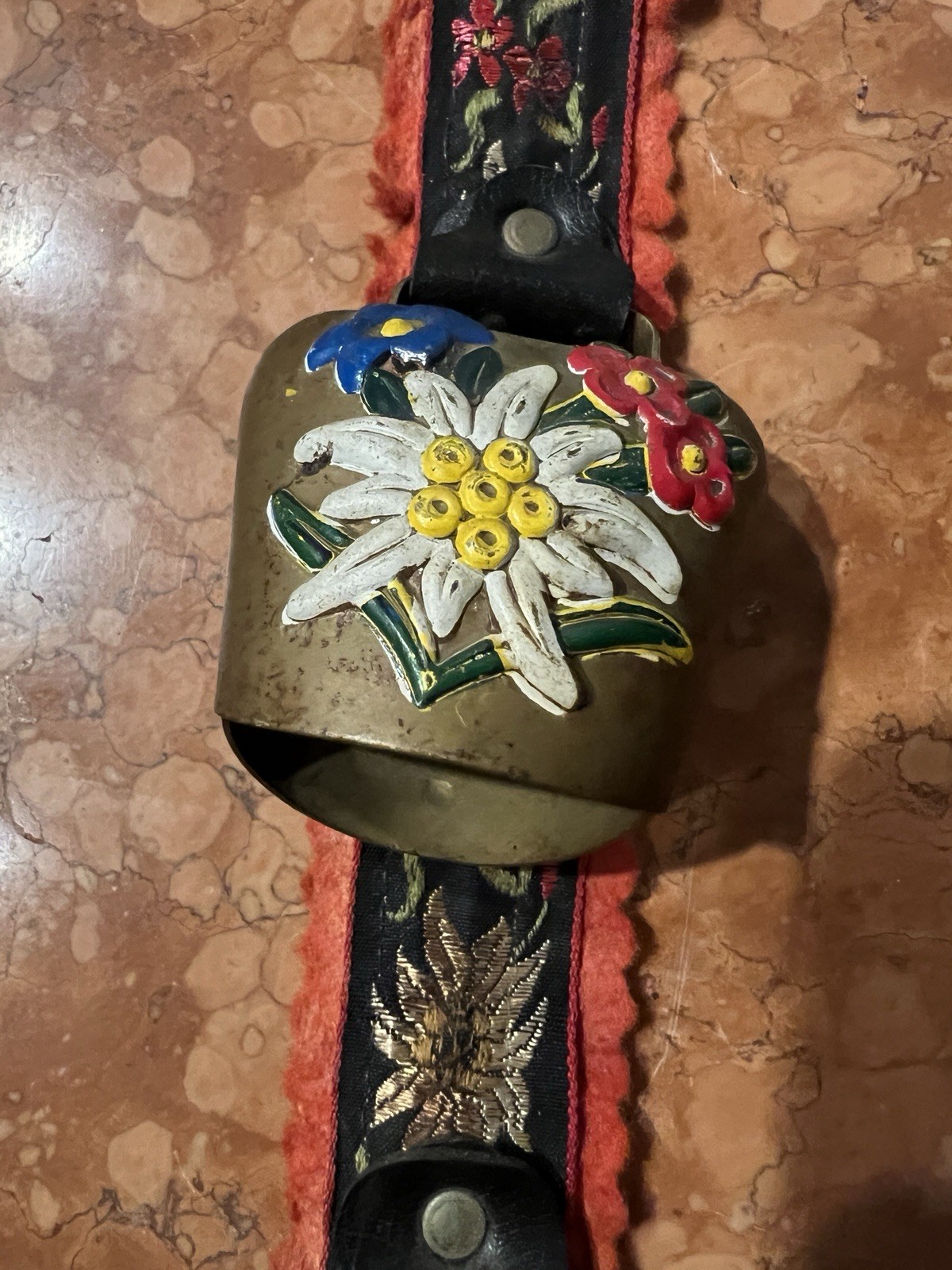Vintage Swiss Cow Bell Handmade Brass With Fringed Strap Bavarian Edelweiß