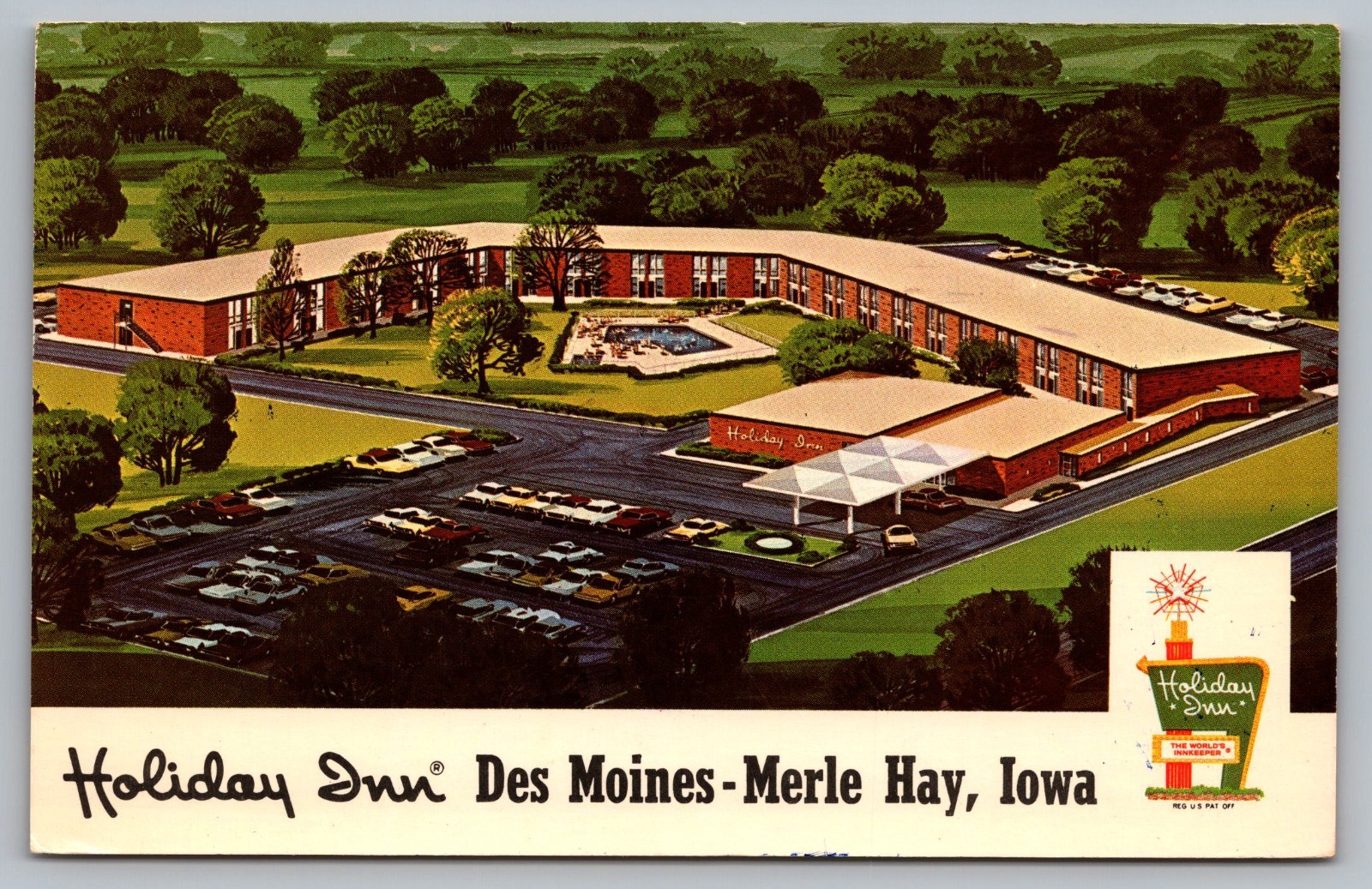 Postcard IA  Holiday Inn Featuring a, Bird\'s-eye View in  Des Moines, Iowa