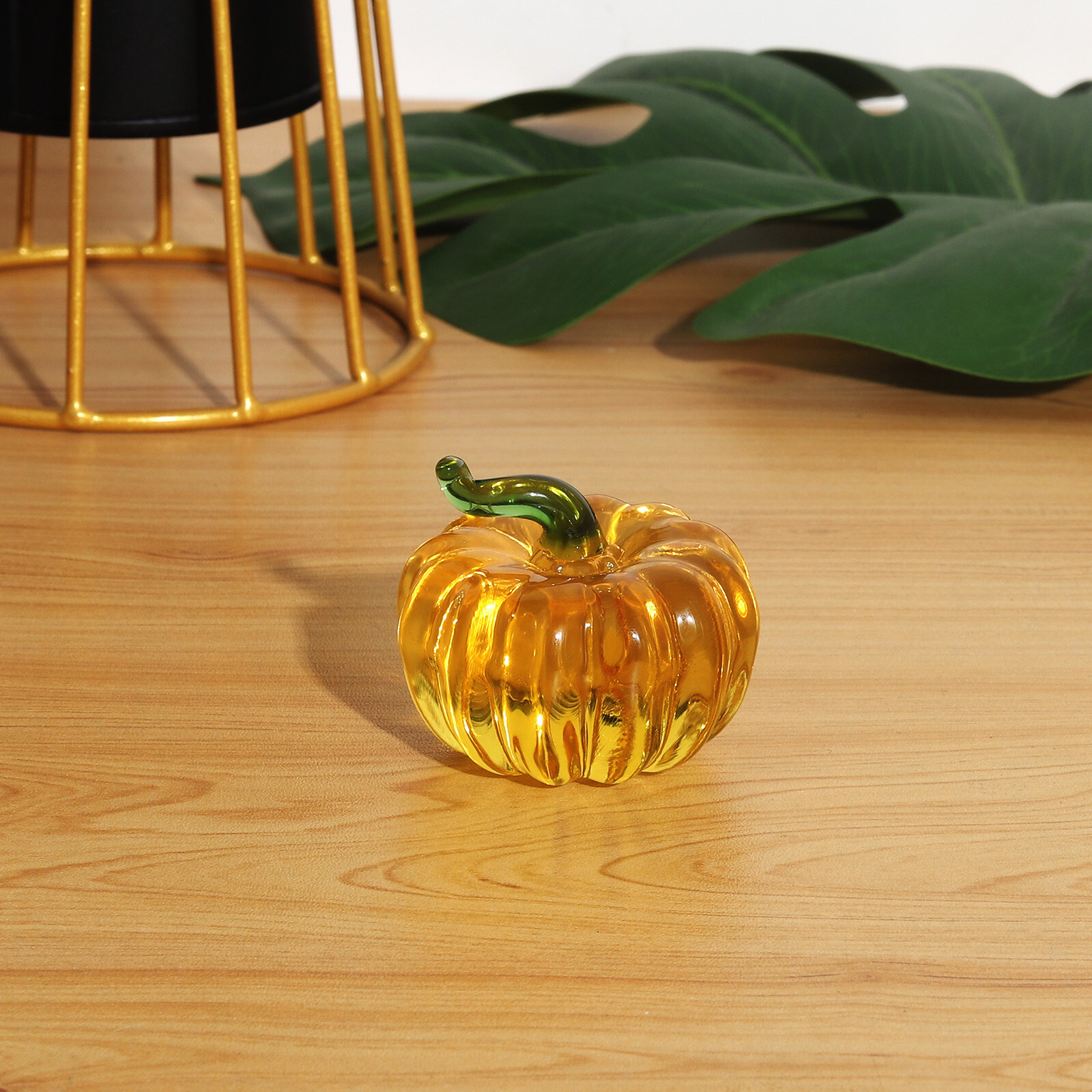 Yellow Crystal Pumpkin Figurine Collectible Hand Blown Glass Pumpkin Ornament