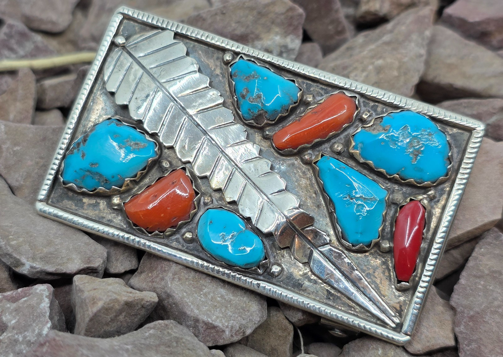 Angelita Cheama Zuni (Effie C Sister) Native Sterling Coral Turquoise Belt Buckl