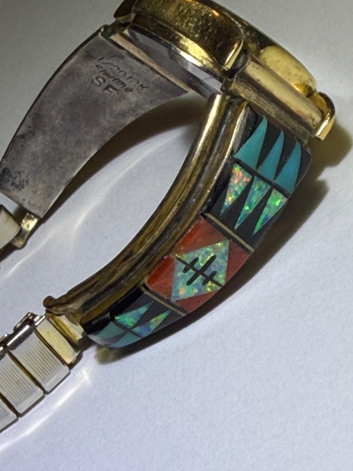 Steve Francisco Opal Turquoise Spiny Oyster Inlay Watch Band Tip Sterling Navajo