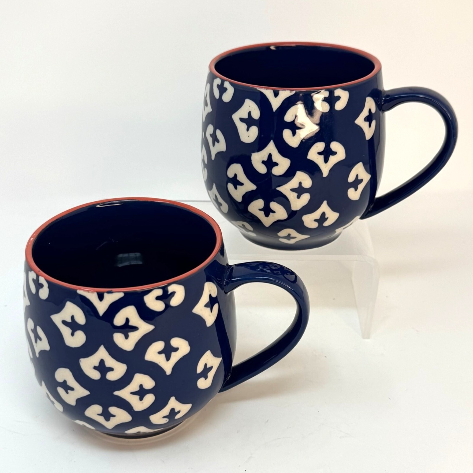 Vtg Amaris Baum Brothers Large Tea Mug Pair Coffee Cups Blue White Tile Design