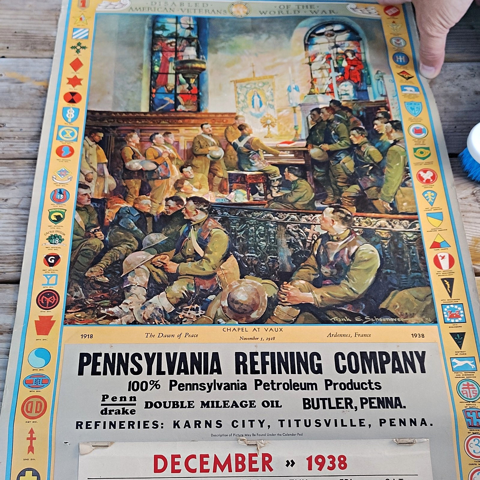 Pennsylvania Refining Company December 1938 Multicolor Advertising Calendar Page