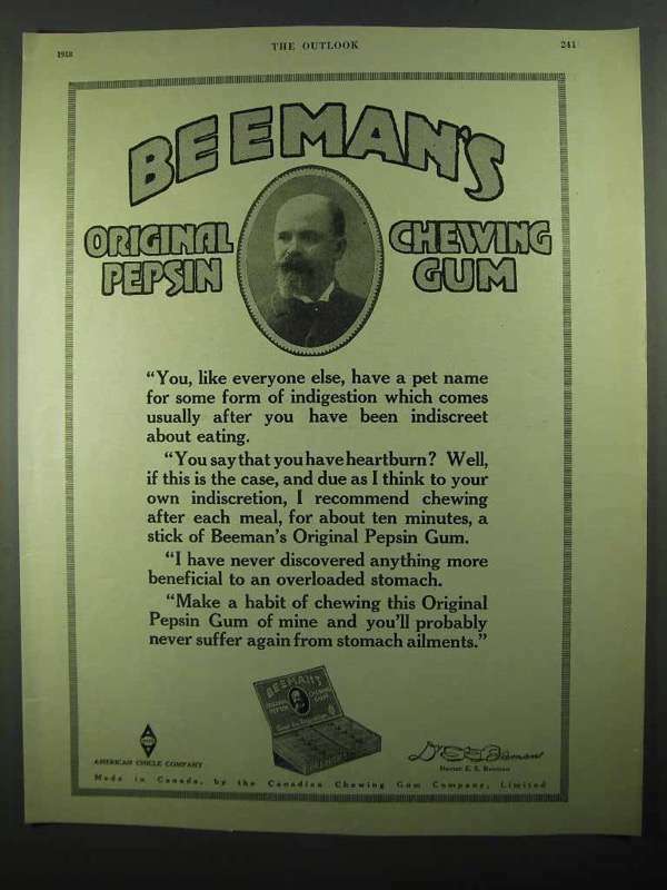 1918 Beeman\'s Original Pepsin Gum Ad