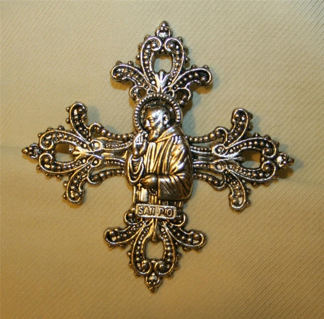 Lacy Filigree Silvertn Fleur-de-Lis Saint Padre Pio Cross Religious Brooch Pin