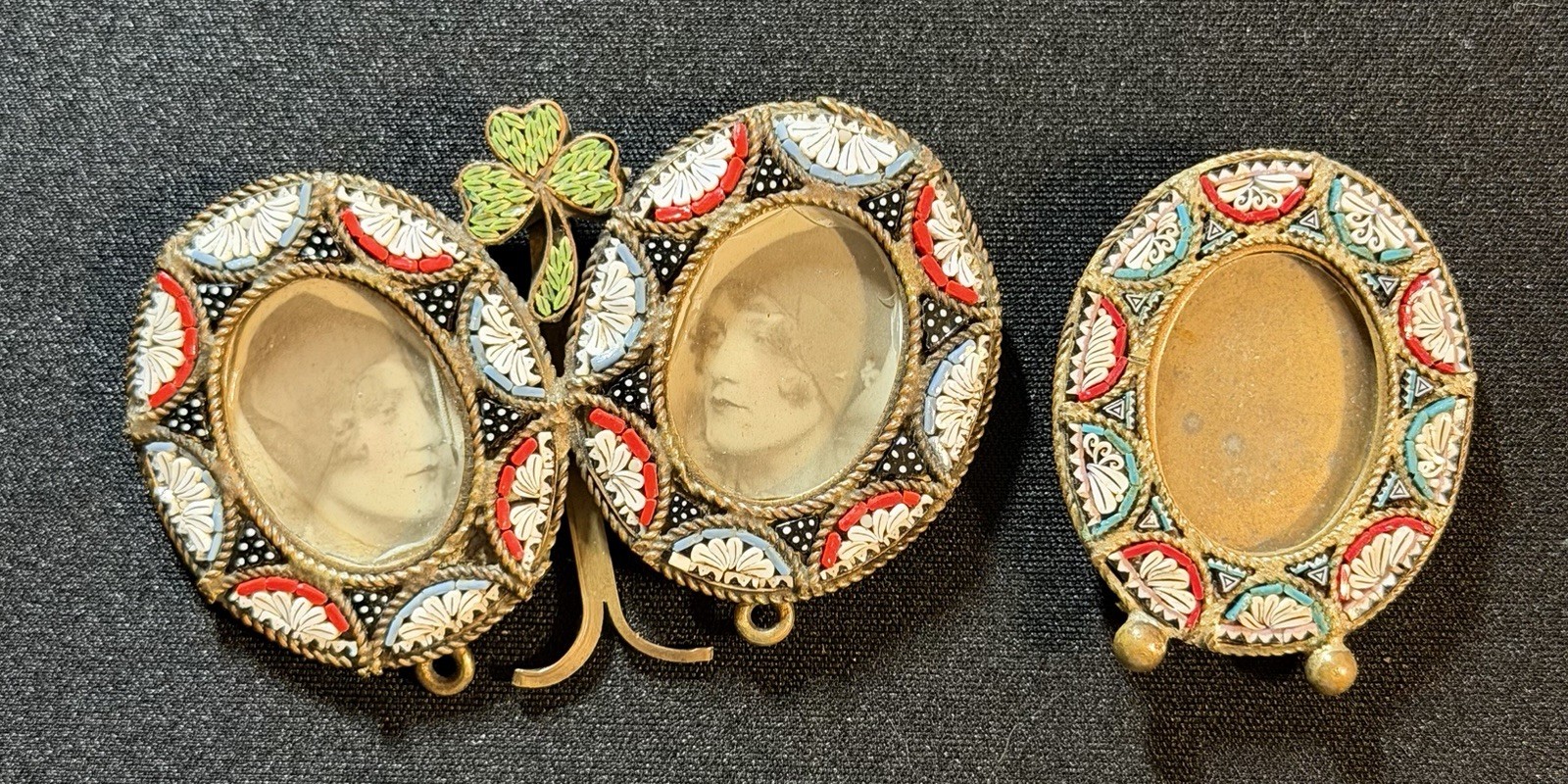 Two Antique Brass Micro Mosaic Green Red White Lotus Mini Picture Frame Italy