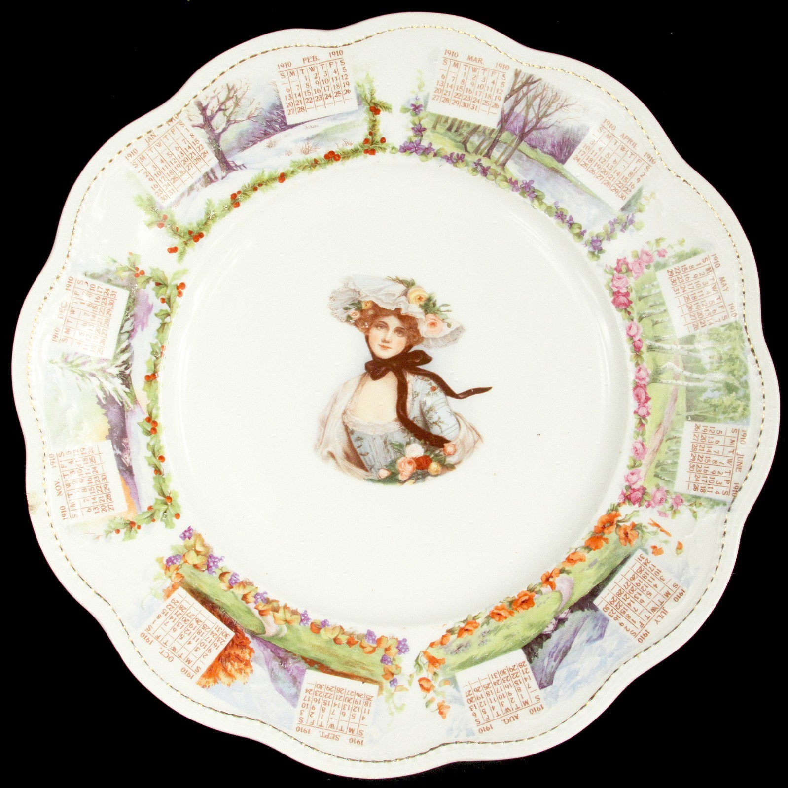 Antique 1910 Calendar Plate Steubenville China Ohio Edwardian Woman in Hat