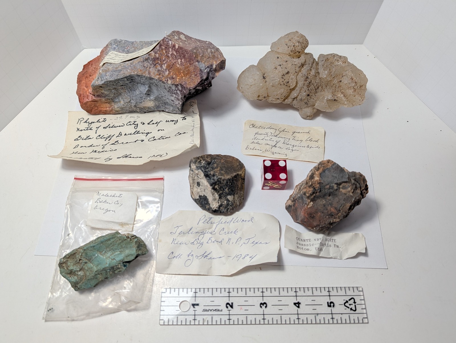 Vintage Mineral Specimen Lot 5pc Oregon Malachite Utah Agate Texas Petrified Woo