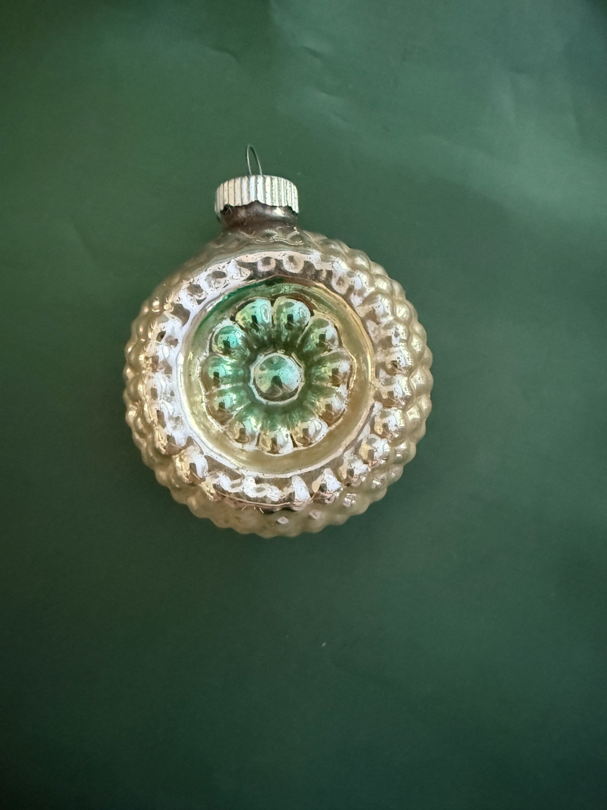 Christmas Shiny Brite Vintage Bumpy Double Indent Glass Ornament Silver & Green