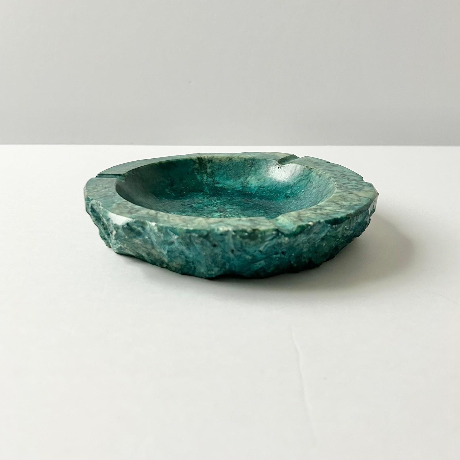 Vintage Alabaster Stone Ashtray Round Raw Edge Marbled Turquoise Green Heavy MCM