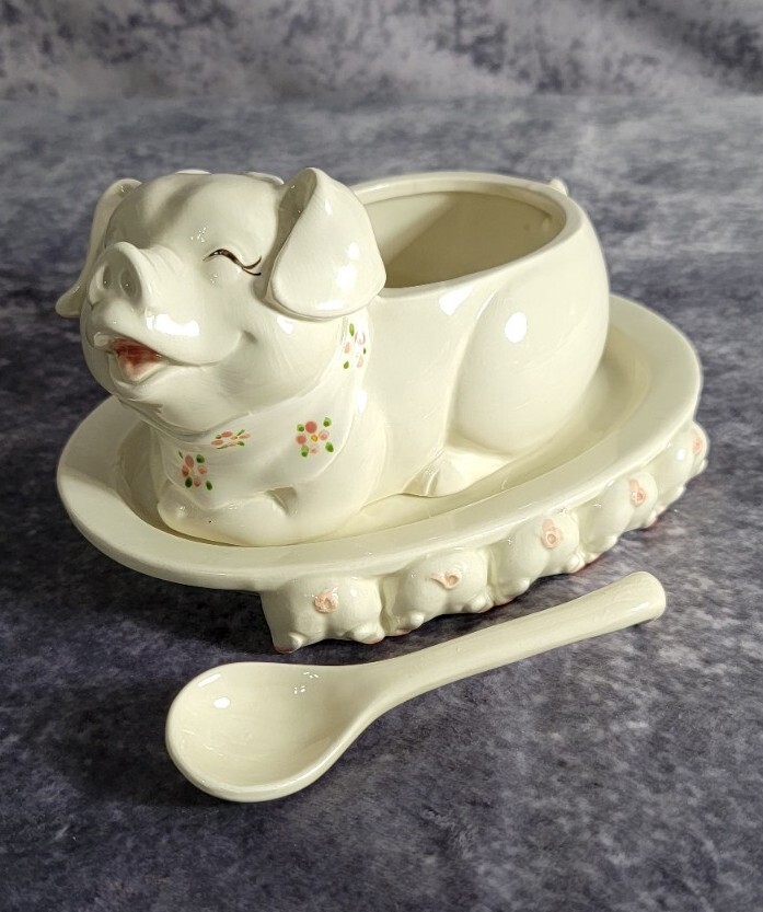 1983 Fitz N Floyd Mama Pig & Piglets Jelly/Jam Jar w/ Spoon & Underplate No Lid
