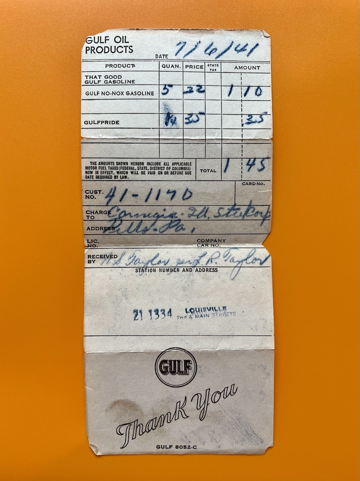 Gulf Oil Products 1941 Service Station Gasoline Receipt Louisville Kentucky KY Gulf Oil Products 1941 Service Station Gasoline Receipt Louisville Kentucky KY