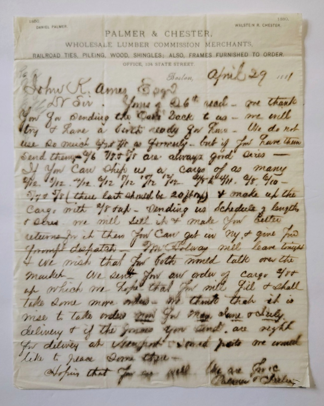 1881 Palmer & Chester Wholesale Lumber Merchants Signed Letter Boston, Massachus