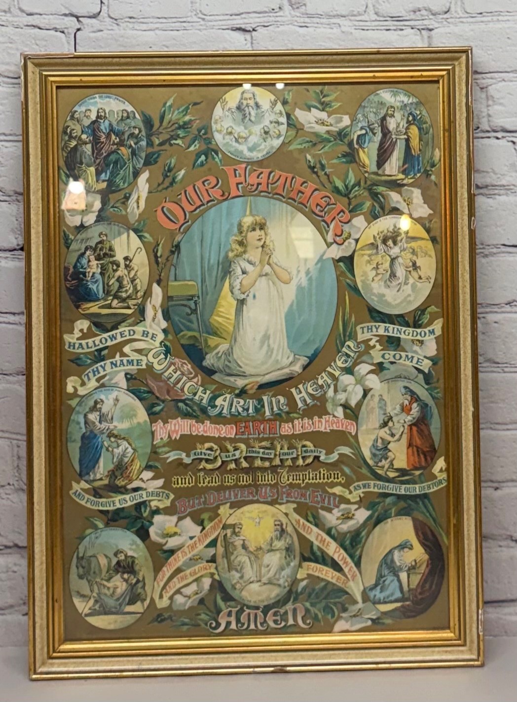 Antique Lords Prayer  Lithograph Print Hanging Wall Art Framed