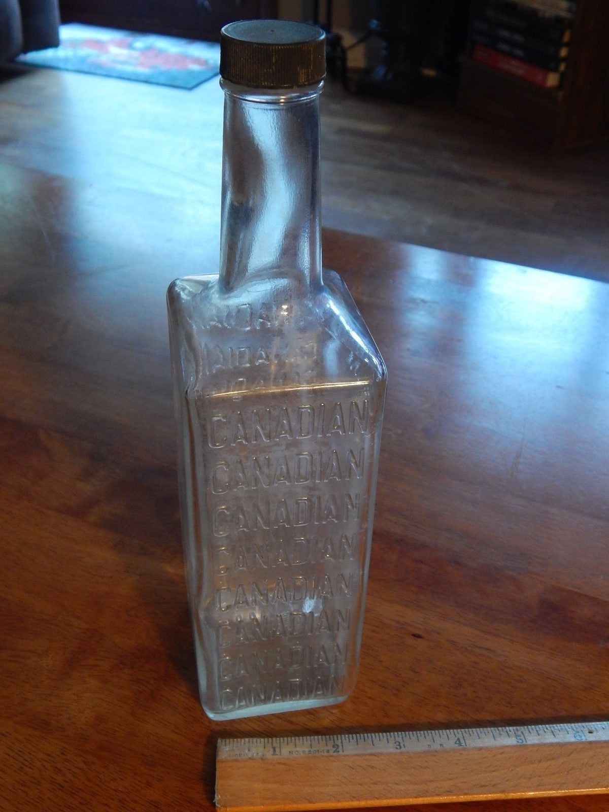 Canadian Liquor Embossed ~ Glass Decanter ~ 11\'\' Bottle w/ Cap ~ Vtg Retro Ltd