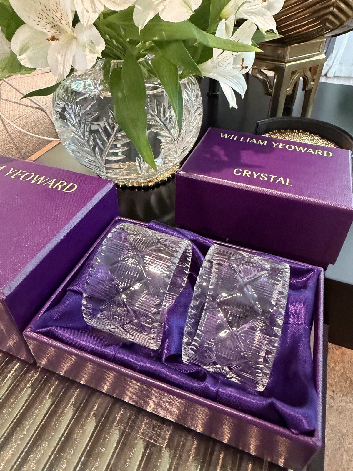 Rare William Yeoward Silvia Crystal Napkin Rings Set of 4 New with Tags & Box