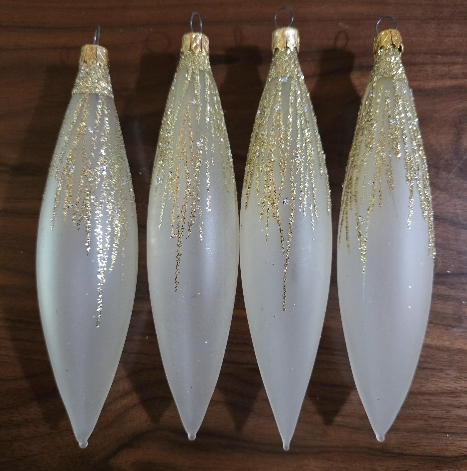 Vtg Set Of 4 Tear Drop Shaped Frosted Glass Christmas Ornaments 6 Inches Long