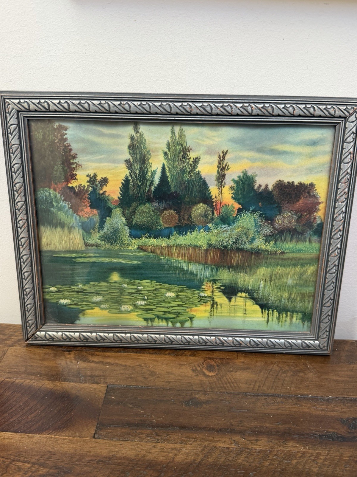 Vintage Framed Pond Landscape Art Work Lily Pads Sunset Ornate  Frame