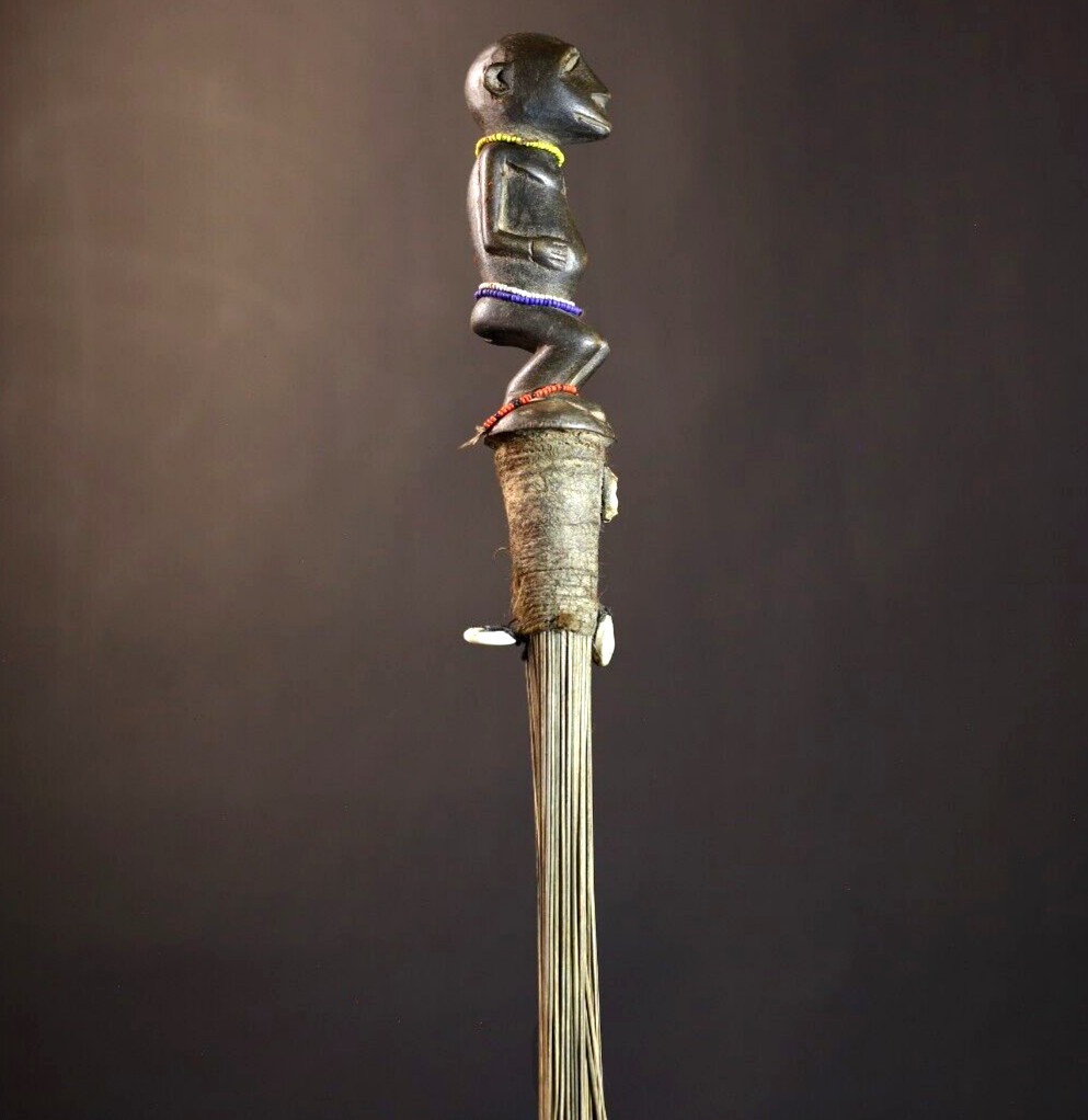 African Fly Whisk Staff – Carved Tribal Handle With Beads Cowrie Vintage -G4891