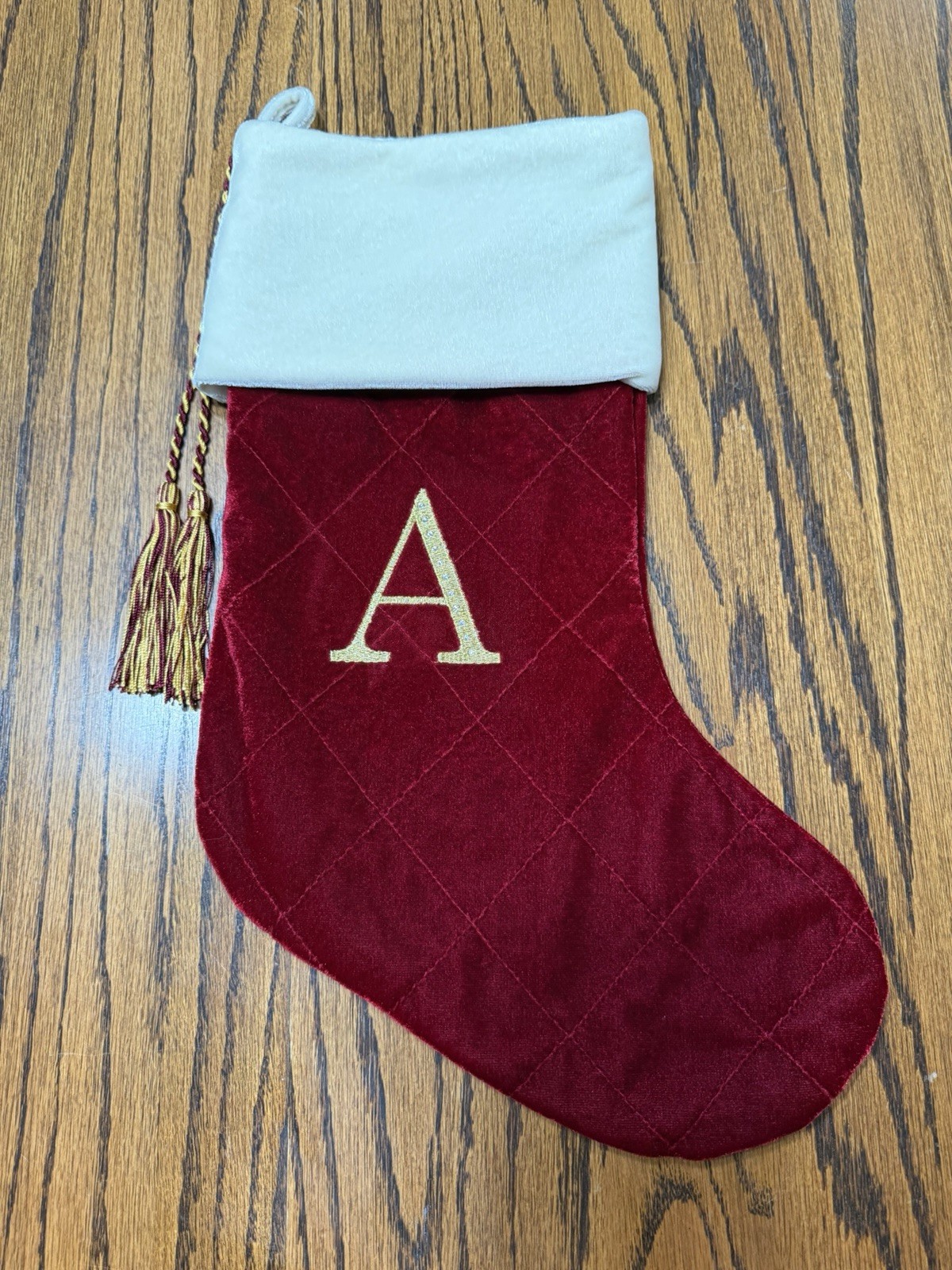 HARVEY LEWIS DARK RED DIAMOND QUILT MONOGRAM A IVORY CUFF TASSELS SWAROVSKI