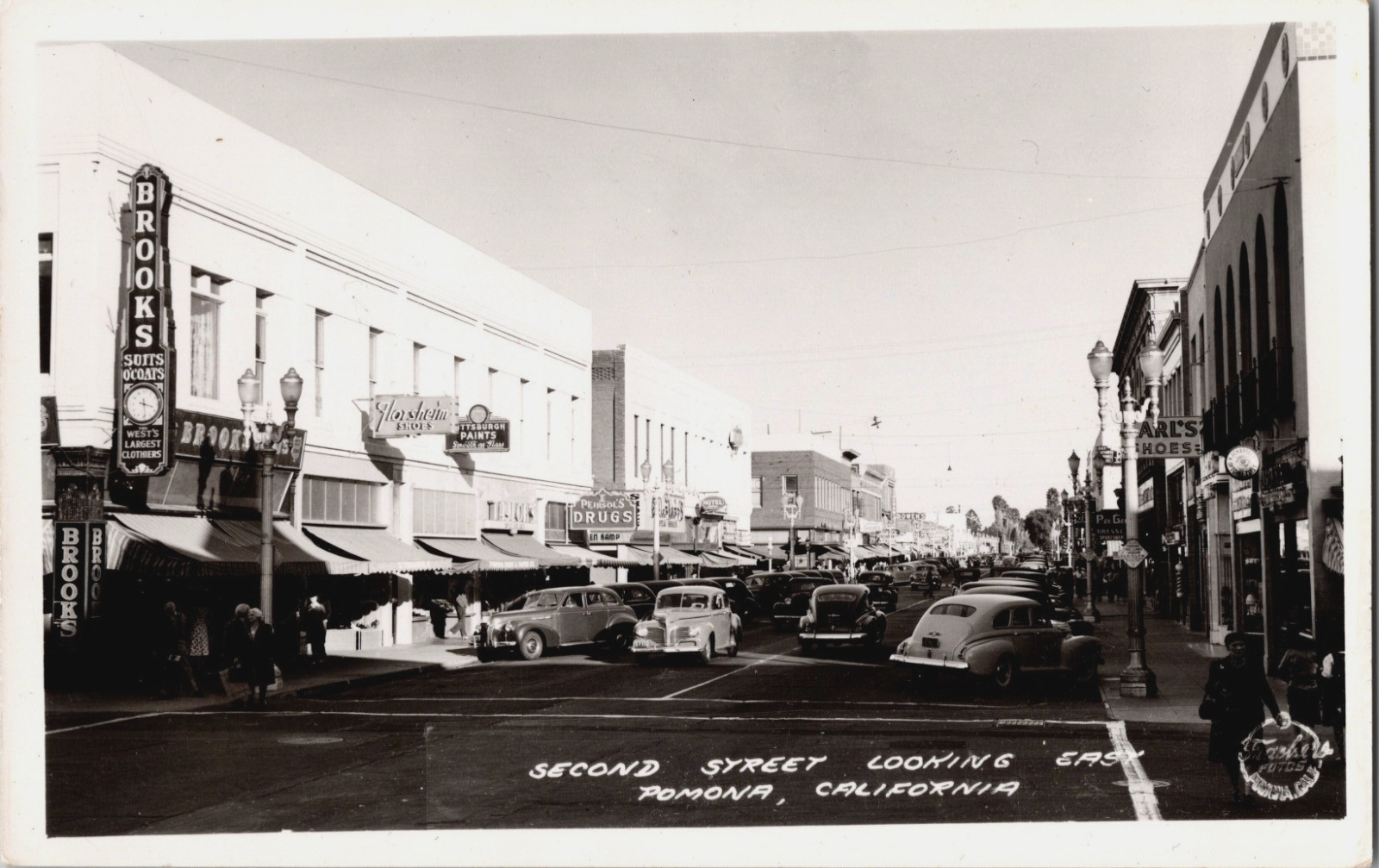 RPPC 40\'s Pomona CA 2nd St Cars Shops Signs  Brooks Pee Gees Bowens Piersol\'s