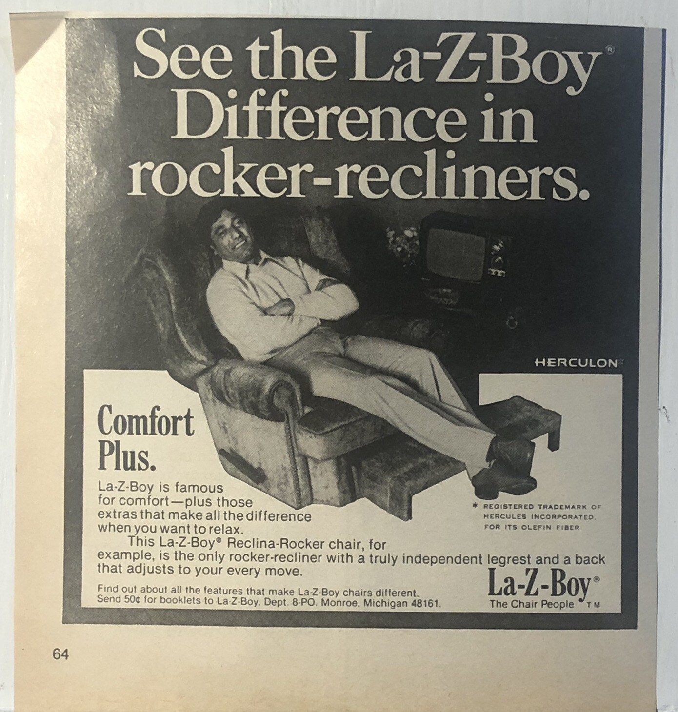 1978 La-Z-Boy Print Ad See The La-Z-Boy Difference 5 1/4 X 5 1/2 B&W