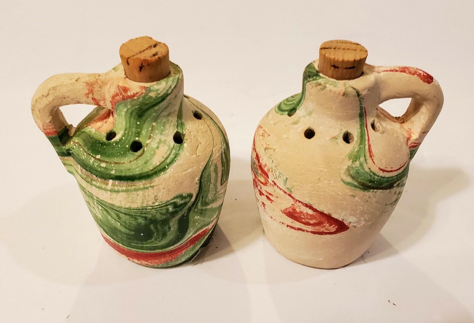 Vintage Handmade 60s Pottery Swirl Paint Jugs W/ Corks Salt & Pepper Shakers 