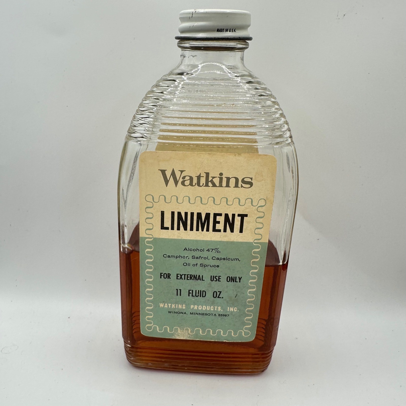 Vintage Watkins Liniment Glass Bottle 11 oz Winona MN Apothecary Ribbed Glass