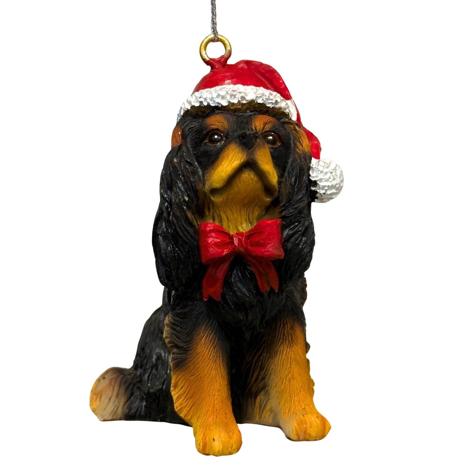 Cavalier King Charles Spaniel Dog Christmas Ornament Black Brown Tan Santa Hat