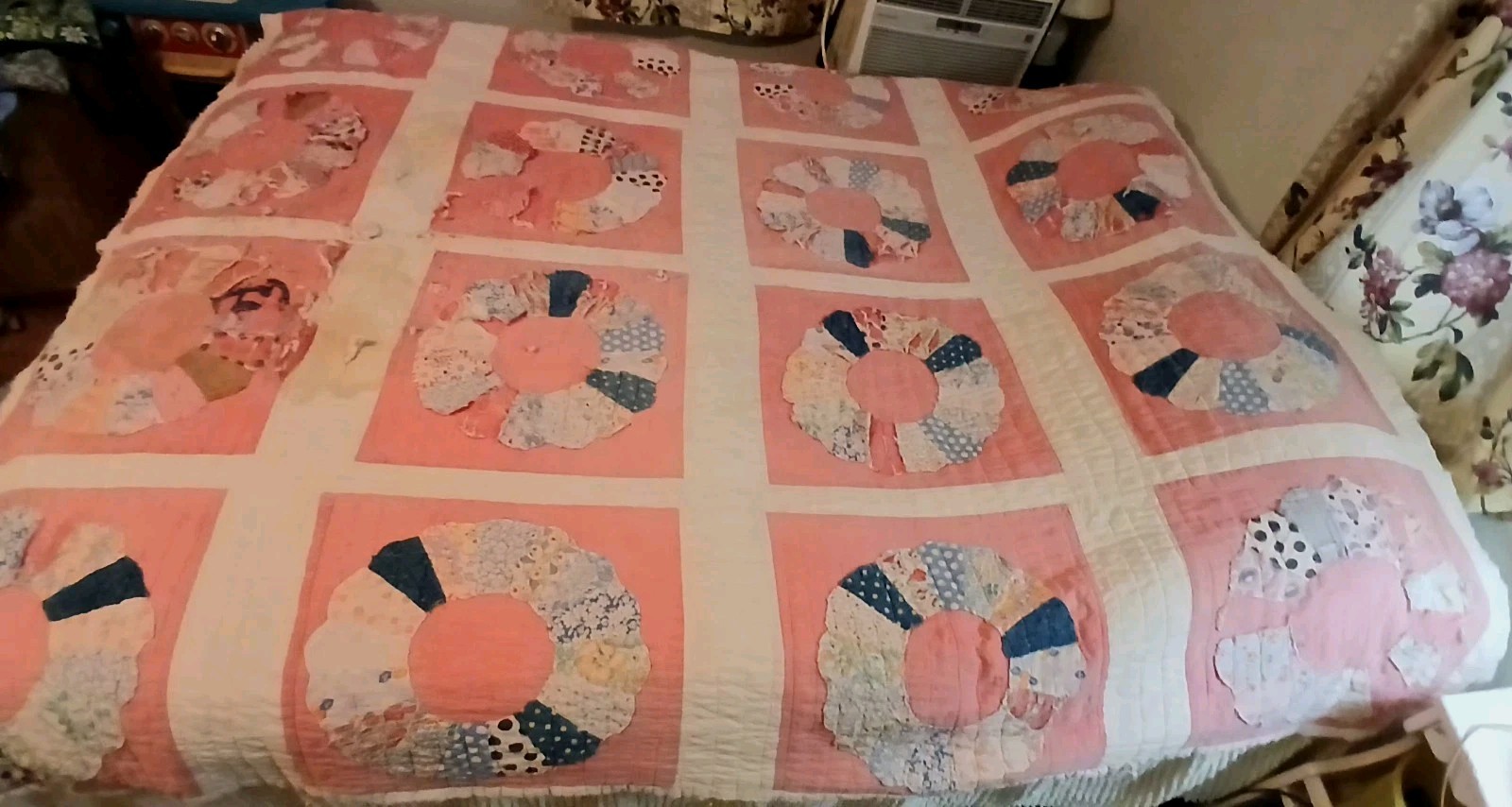 ANTIQUE PINK DRESDON PLATE HANDSEWN COTTON FEEDSACKS AS-IS CUTTER QUILT 80