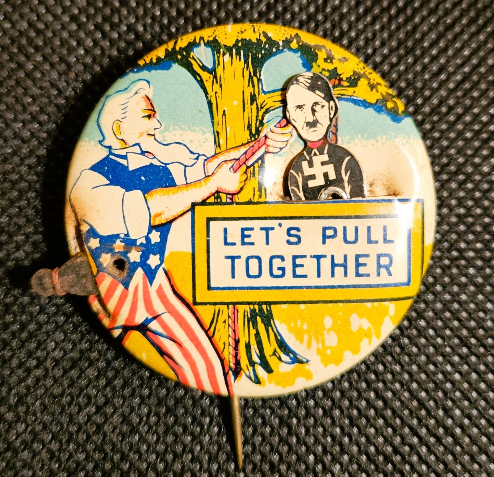 WWII Lets Pull Together Mechanical Hitler Uncle Sam Pin Evans Novelty Co 1941 WWII Lets Pull Together Mechanical Hitler Uncle Sam Pin Evans Novelty Co 1941