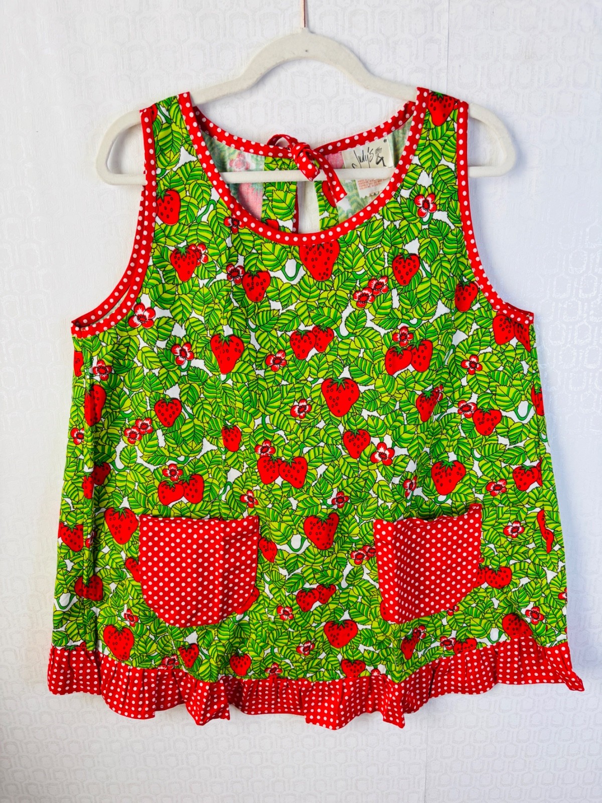 NOS VTG JUDY'S MADE IN JAPAN GREE&RED STRAWBERRY PRINT COTTAGECORE SMOCK APRON*M