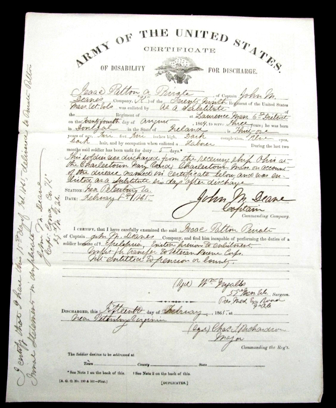CIVIL WAR CHARLESTOWN NAVY YARD MASSACHUSETTS SOLDIER'S DISCHARGE