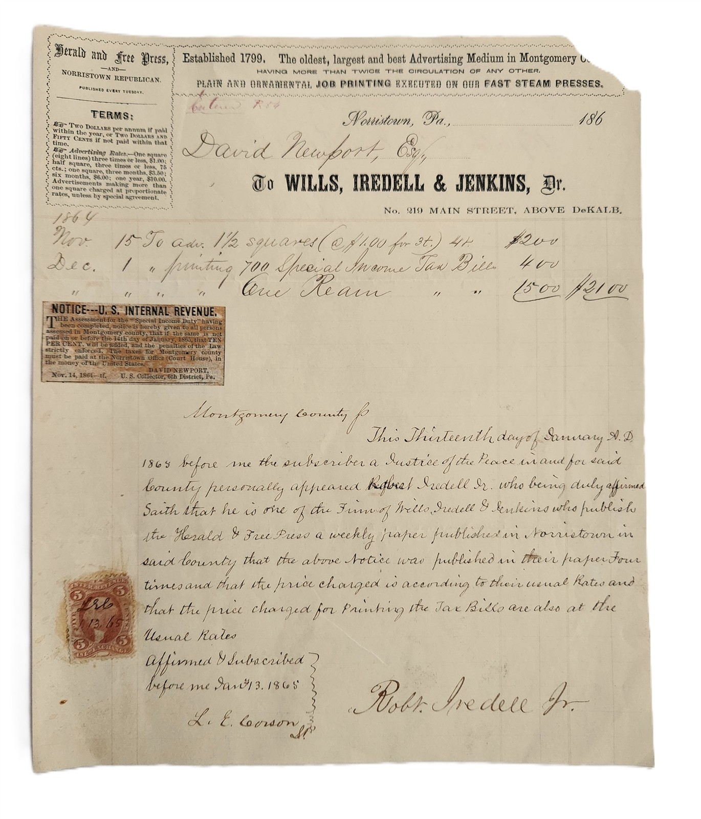 1865 antique WILLS IREDELL & JENKINS norristown pa AFFIDAVIT SPECIAL INCOME DUTY