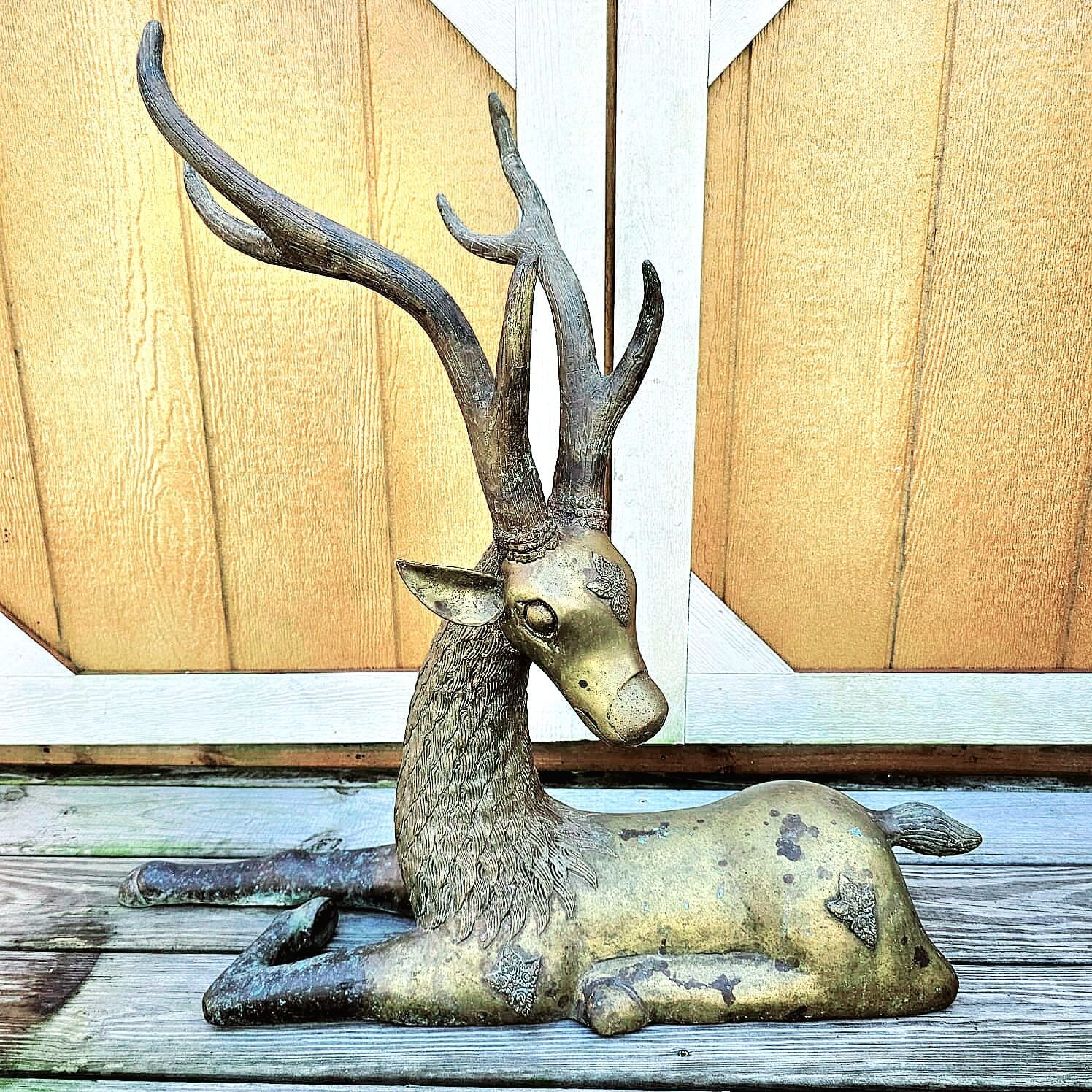 Large Vintage 1970s Sarreid Brass Resting Deer Statue Figure 33\