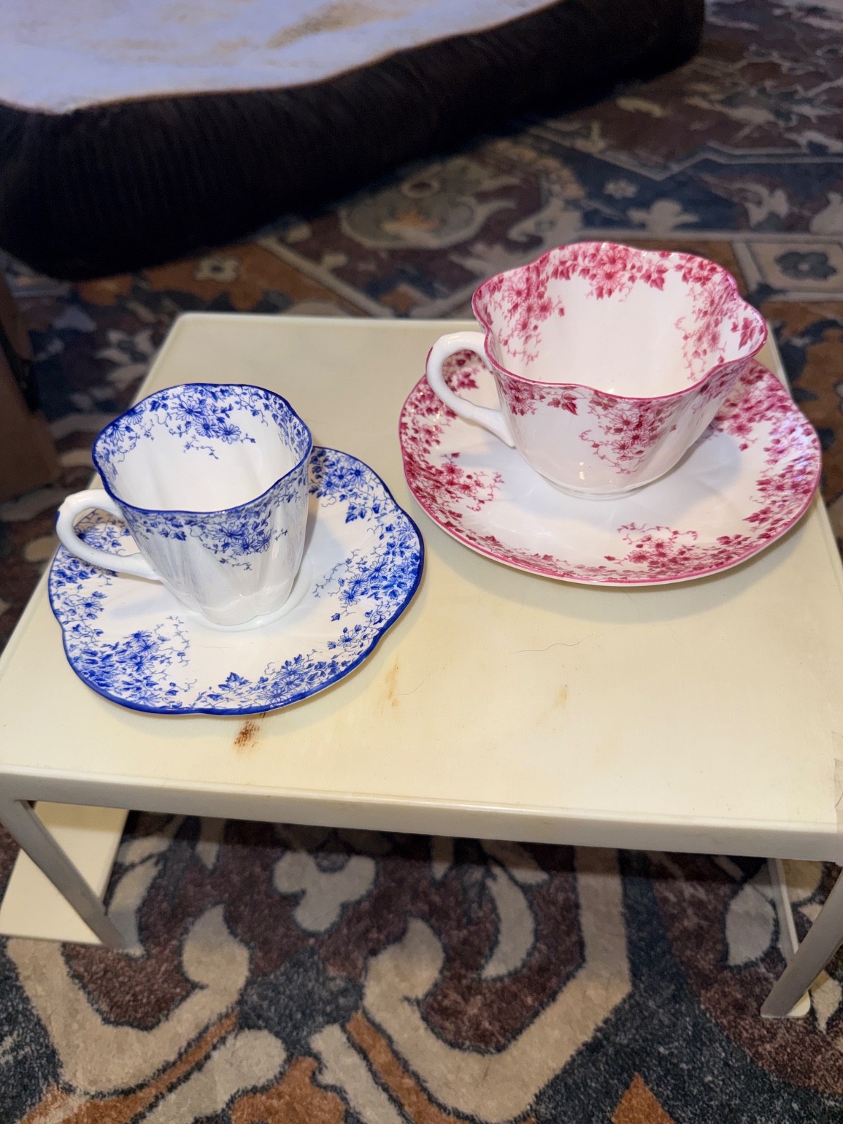 Lot of 2 Antique Shelley Dainty Blue & Pink Teacup Saucer Sets 1920s Shield Mark Lot of 2 Antique Shelley Dainty Blue & Pink Teacup Saucer Sets 1920s Shield Mark