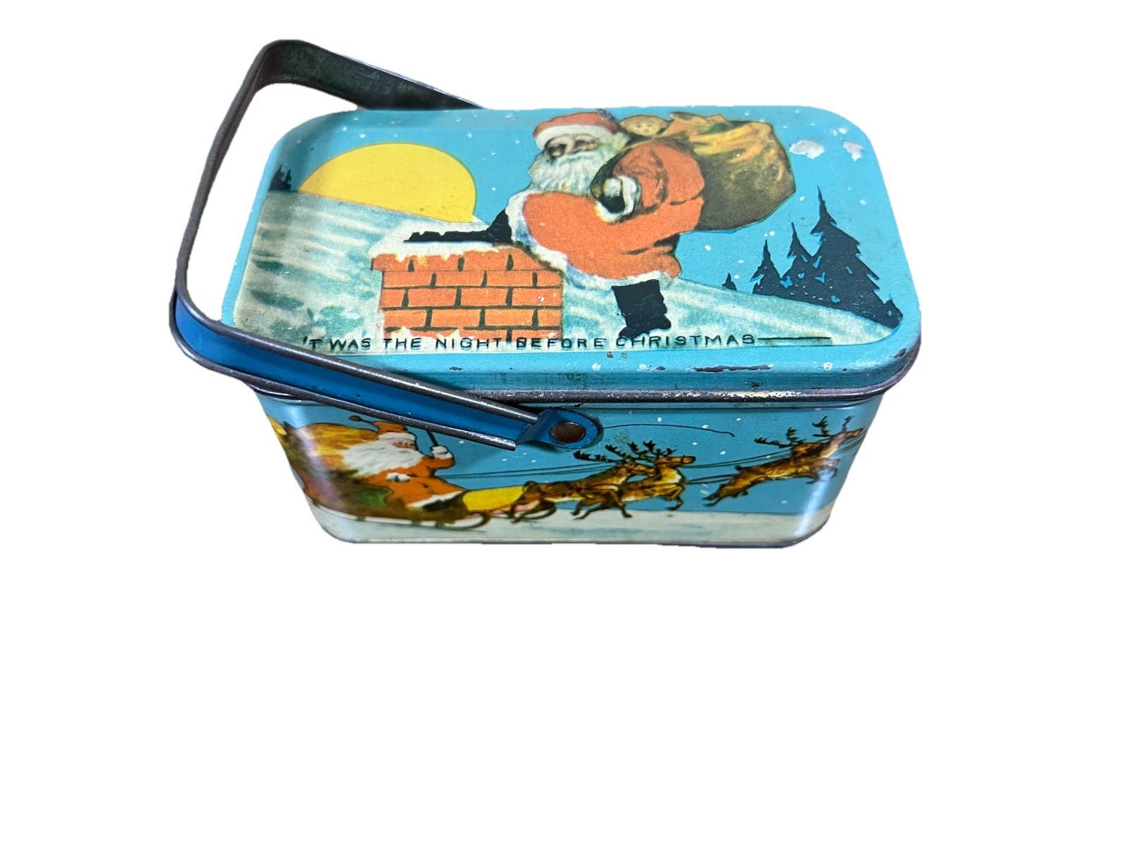 Vintage Tindeco Twas The Night Before Christmas Santa Tin Litho Candy Lunch Box