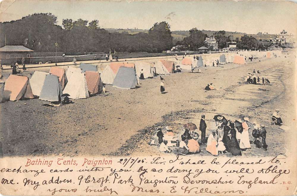 Paignton Devon England bathing tents bathers on beach antique pc Z16197
