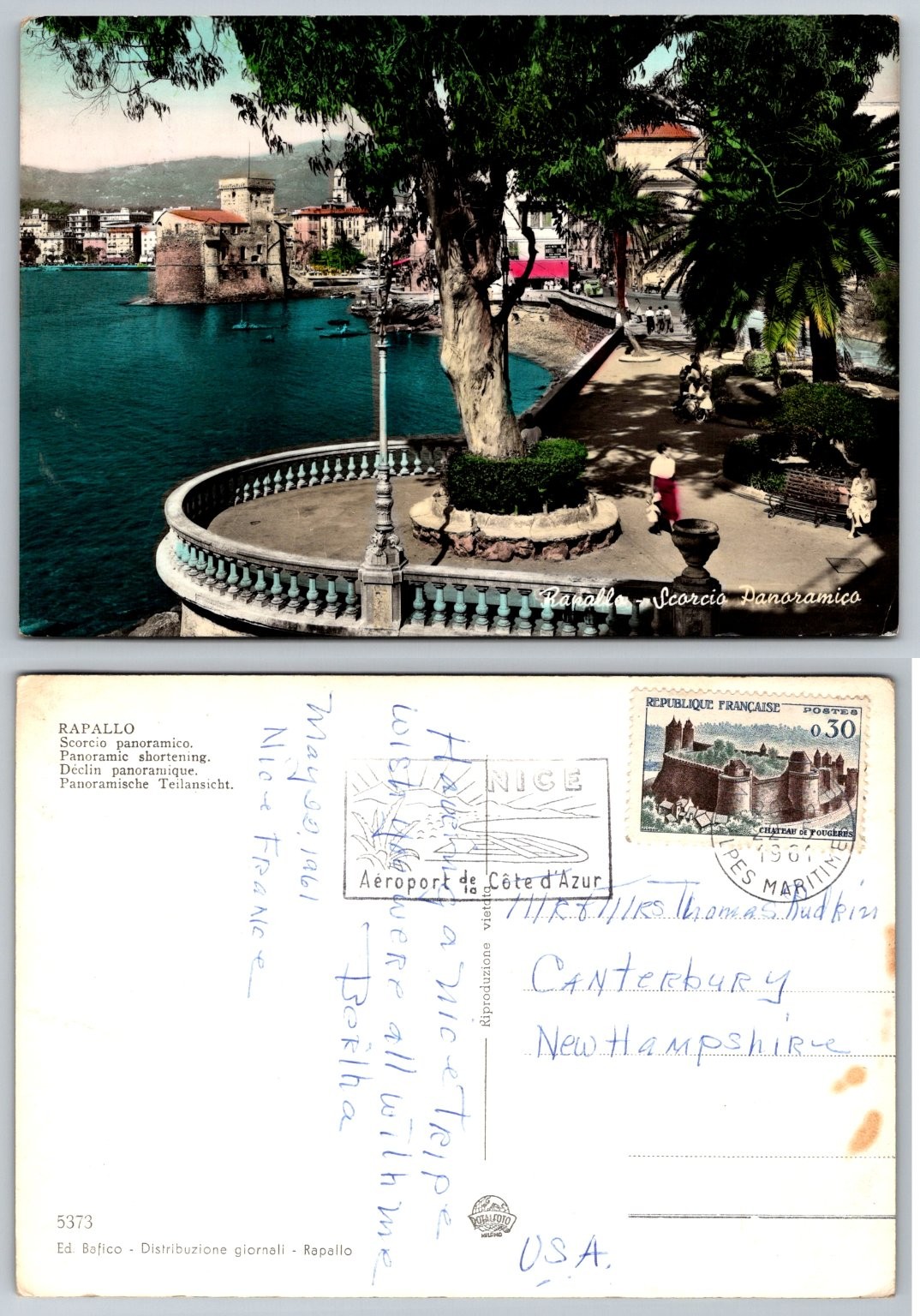 Vintage 1961 Rapallo Italy Panoramic Castle Sea View Postcard Posted Nice