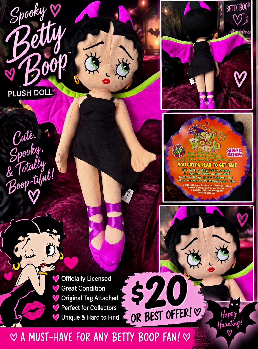 Kellytoy Betty Boop Spooky Halloween Bat Wings Licensed Plush Doll 2013