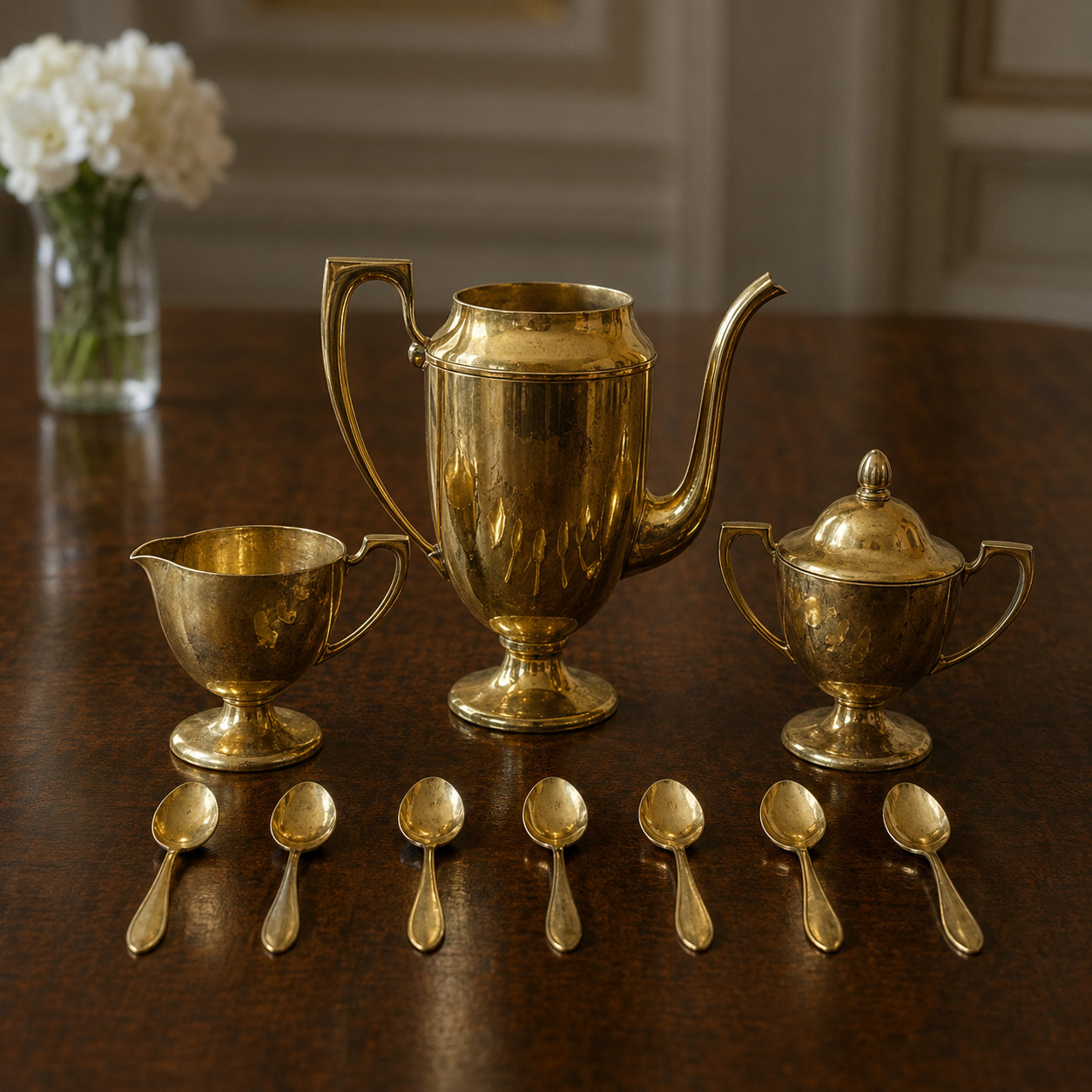 Vintage Dirilyte Gold-Tone Tea Service with Seven Spoons Vintage Dirilyte Gold-Tone Tea Service with Seven Spoons