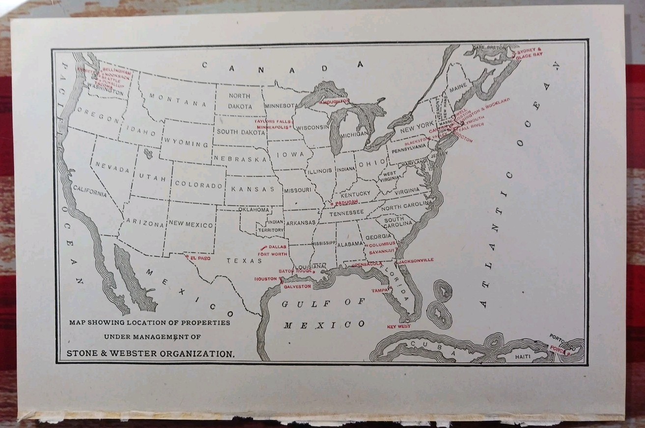 1910 Map of Properties Managed by STONE & WEBSTER ORGANIZATIONS street Railway 